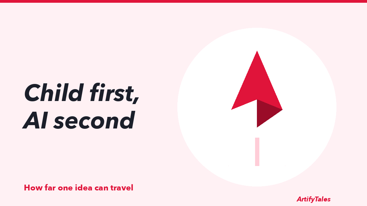 An illustrated rocket lifting off, for an idea that starts with the child and travels.