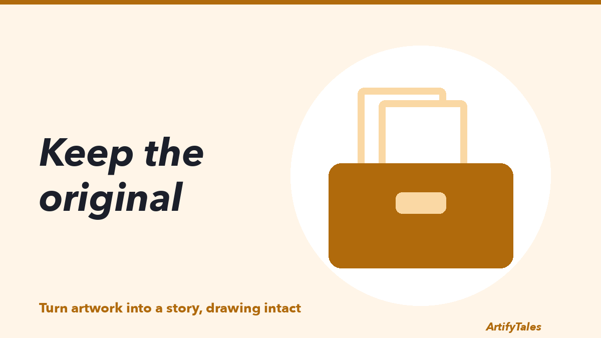 An illustrated keepsake box with a child’s drawing resting on top and a short story page beside it.