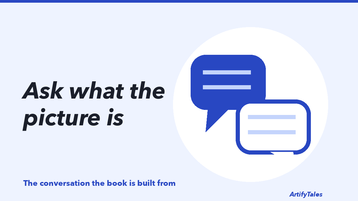 Two illustrated speech bubbles, for the conversation a book is built from.
