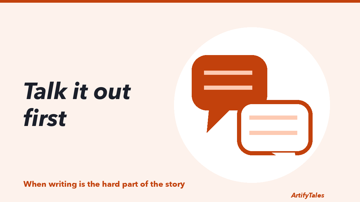 An illustrated pair of speech bubbles, one small and one large, above a short line of writing.