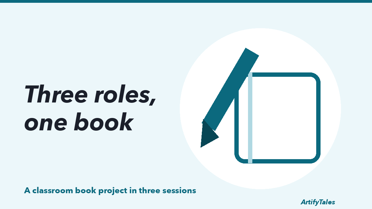 An illustrated book with a pencil across it, drawn in thick teal lines.