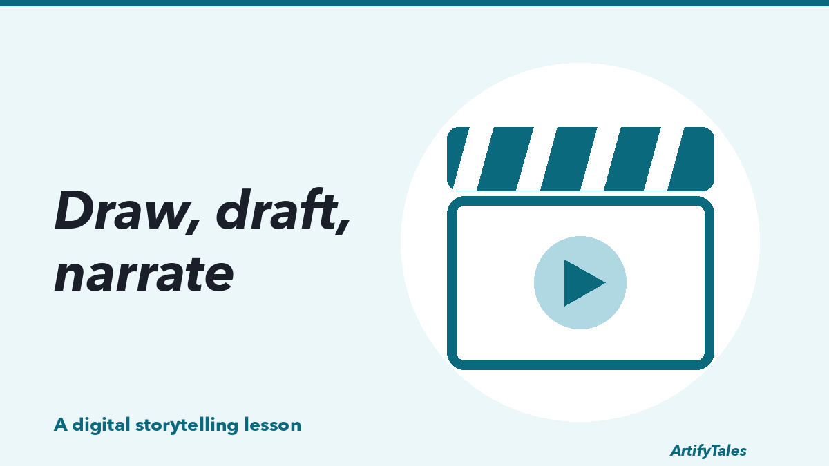 An illustrated film clapperboard drawn in thick teal lines.