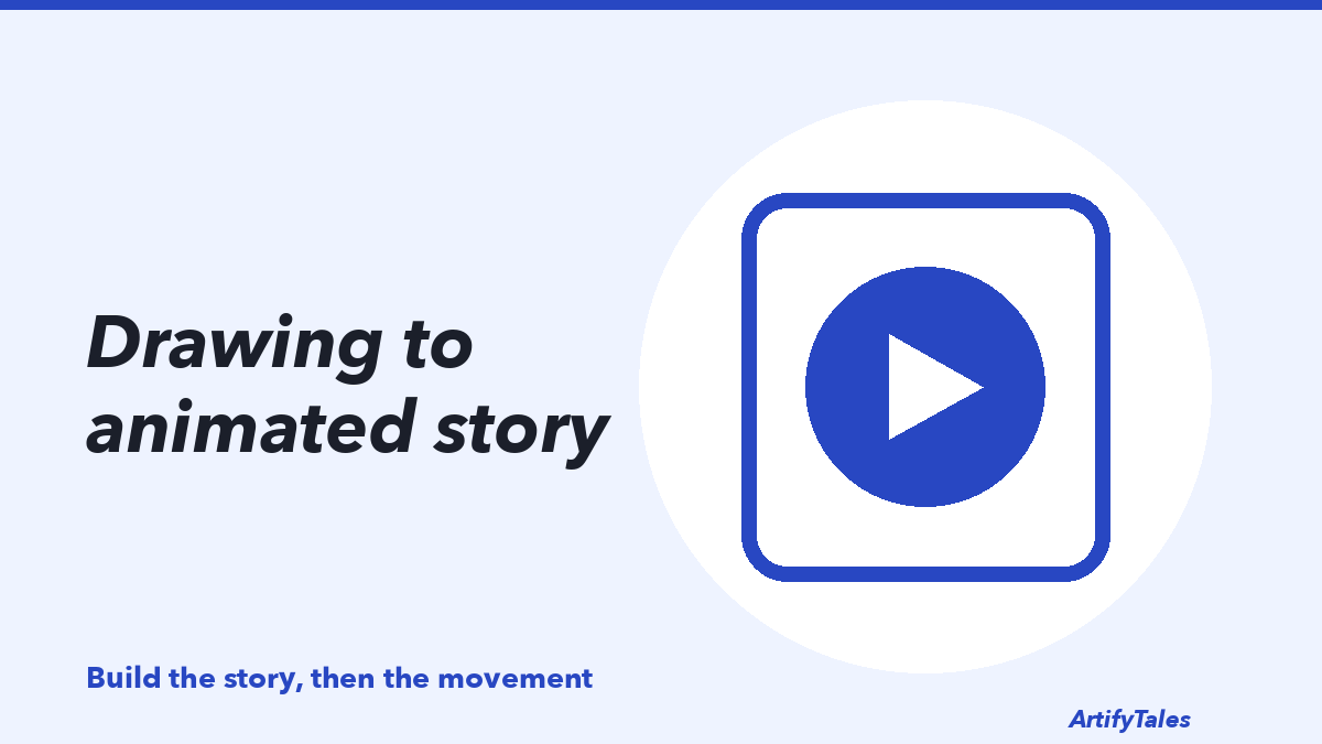 An illustrated page with a large play button on it, for a story that moves.