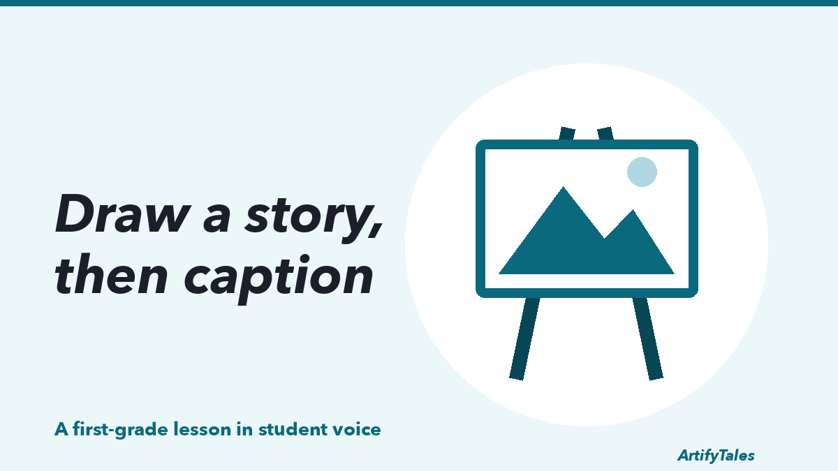 An illustrated easel holding a picture, standing for a drawing that starts a story.
