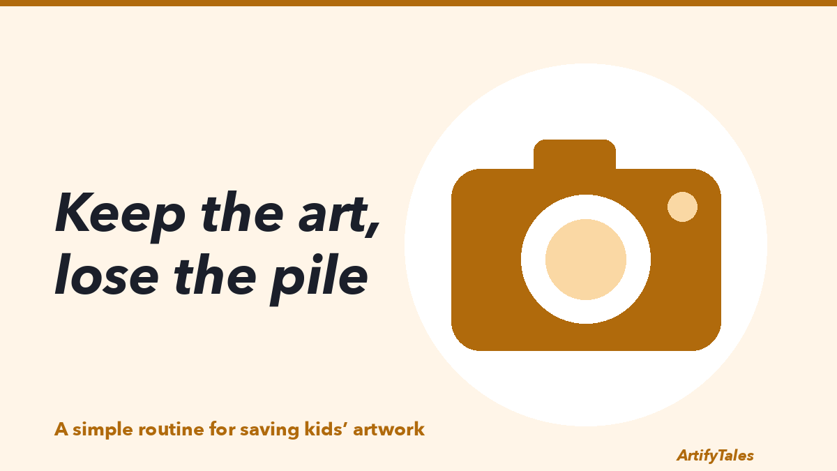 An illustrated camera photographing a child’s drawing laid flat on a table.