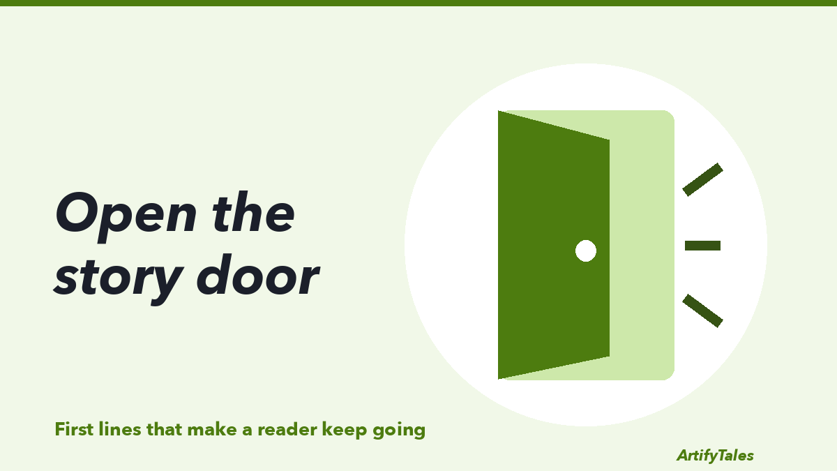 An illustrated door standing slightly open, with light spilling out from the other side.