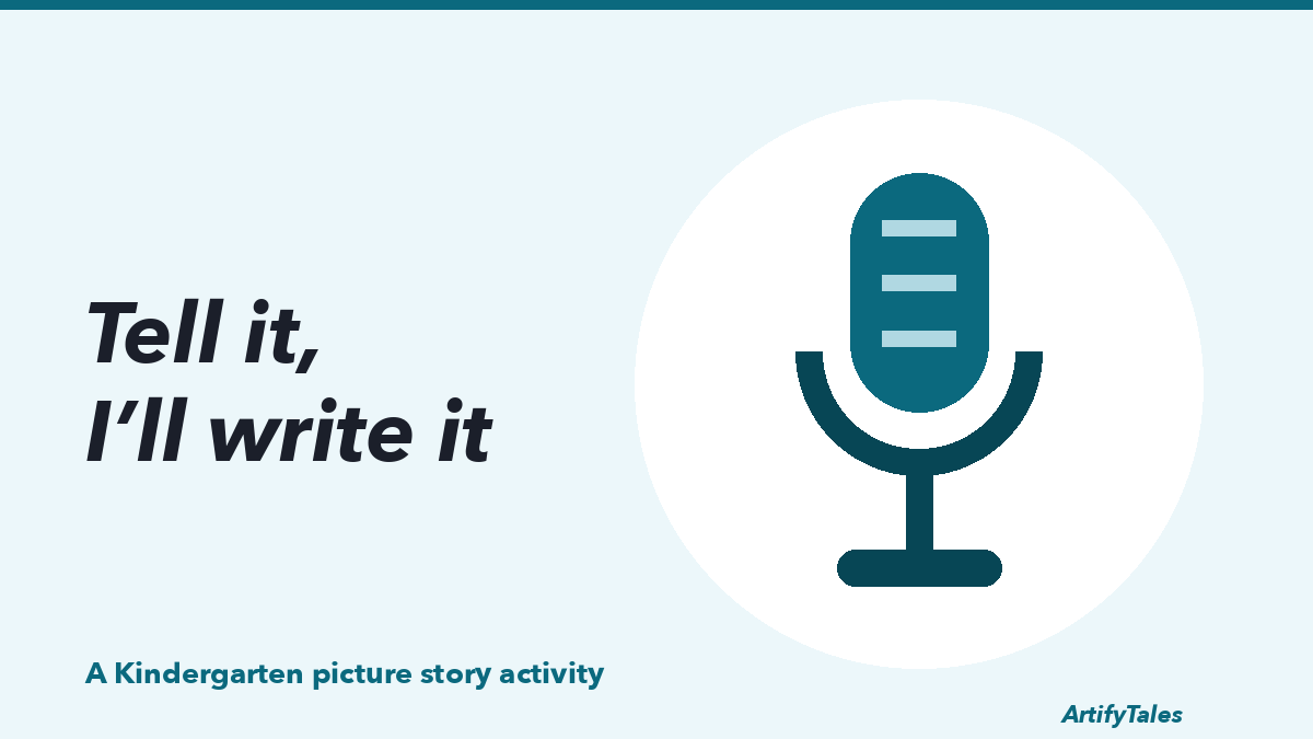 An illustrated microphone, standing for a child’s story told out loud and written down.
