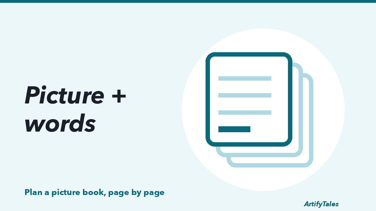 Illustrated stacked pages drawn in thick teal lines.