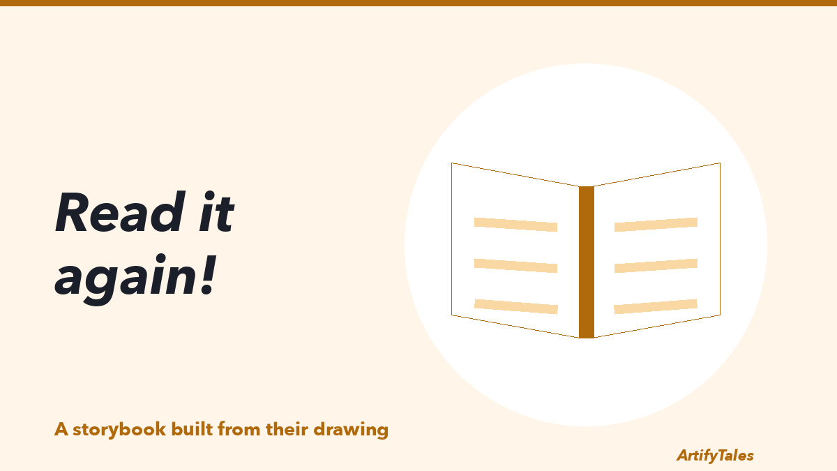 An illustrated open storybook with a child’s drawing on the first page.