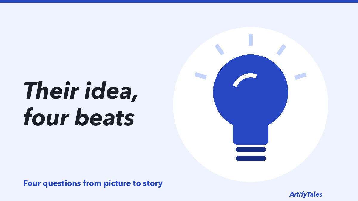 An illustrated lightbulb glowing above a child’s drawing, standing for the child’s own story idea.