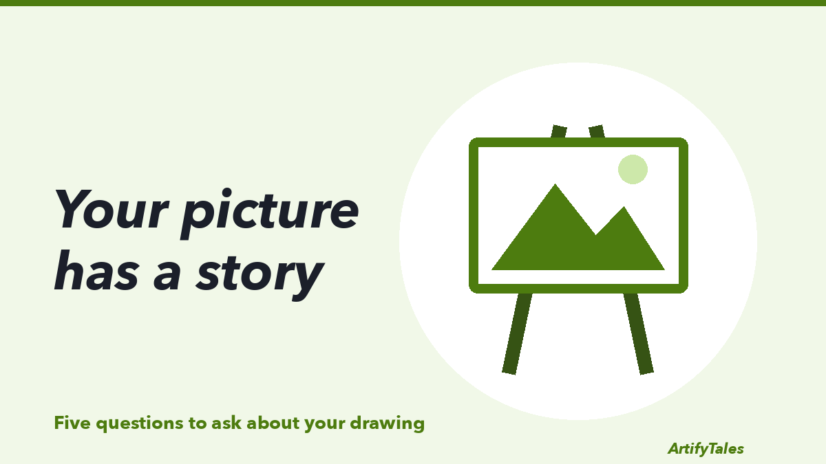 An illustrated easel holding a blank canvas, waiting for a drawing and the story behind it.