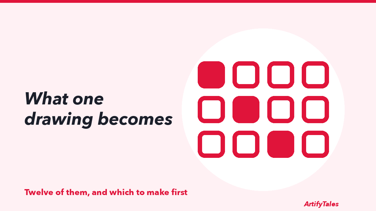 Twelve illustrated tiles in a grid, three of them filled, for the twelve things a drawing can become.