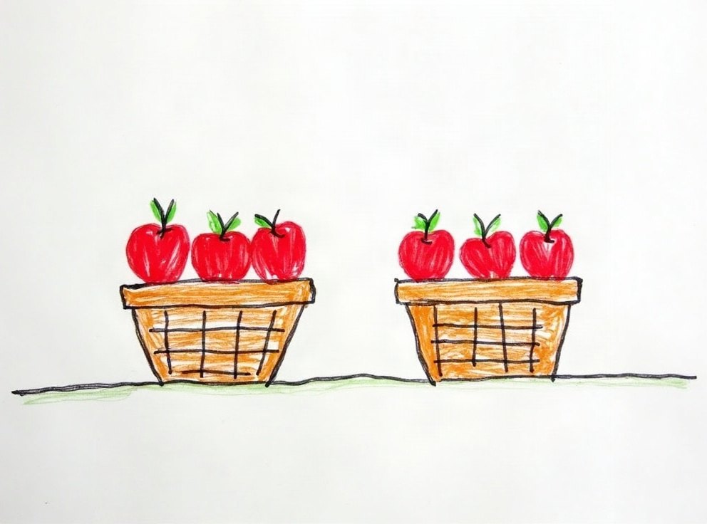 A child’s drawing of two baskets of apples, one group larger than the other.