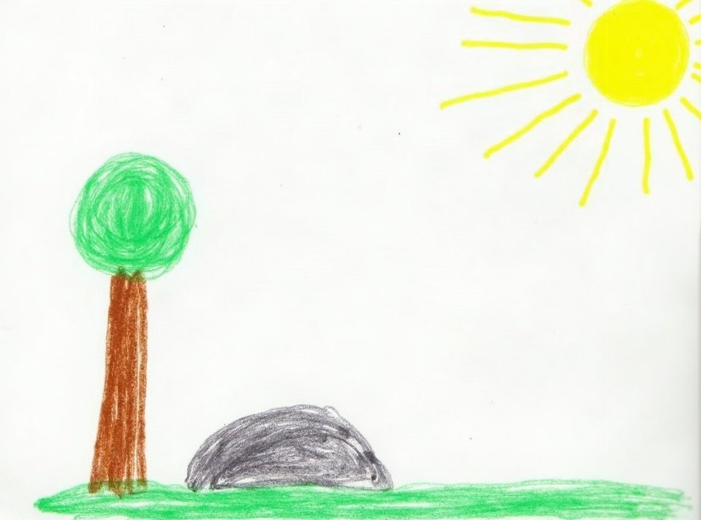 A child’s crayon drawing of a tree with a grey shadow on the ground and a yellow sun.
