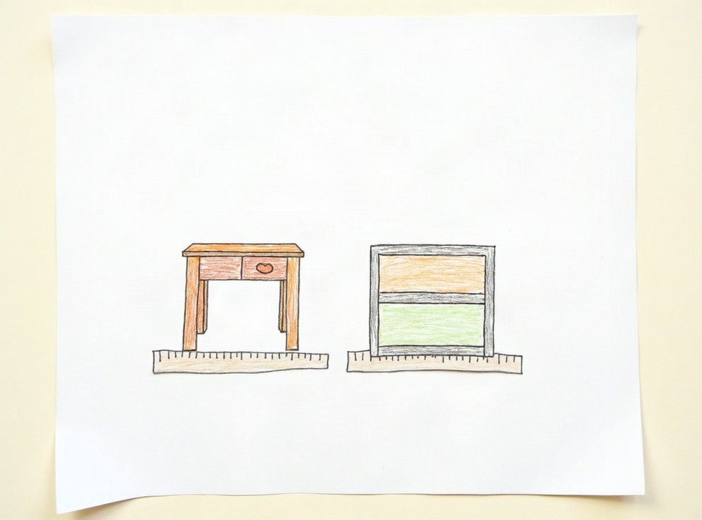 A child’s drawing of a desk and a taller bookshelf with a ruler under each.