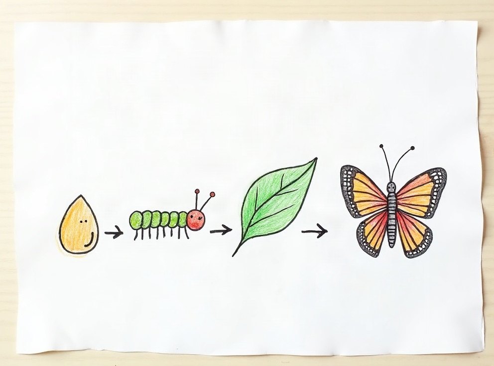 A child’s drawing of the butterfly life cycle — egg, caterpillar, chrysalis, butterfly — joined by arrows.