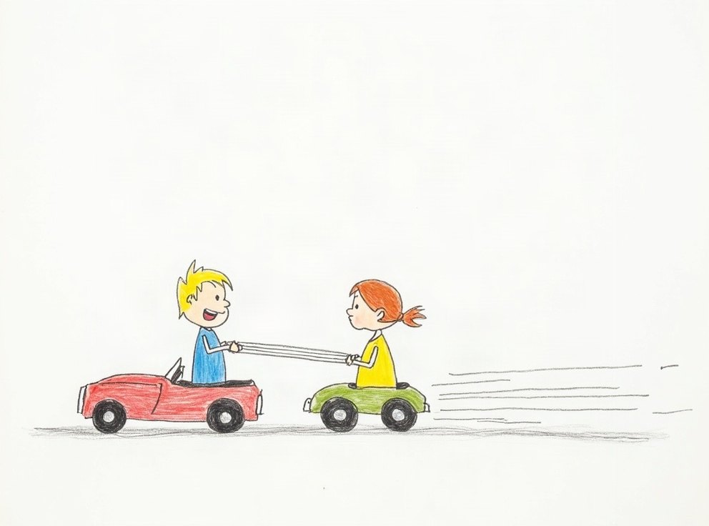 A child’s drawing of two toy cars, one with short motion lines and one with long ones.