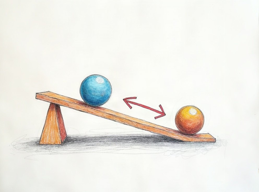 A child’s drawing of a marble rolling down a ramp towards a second marble, with arrows.