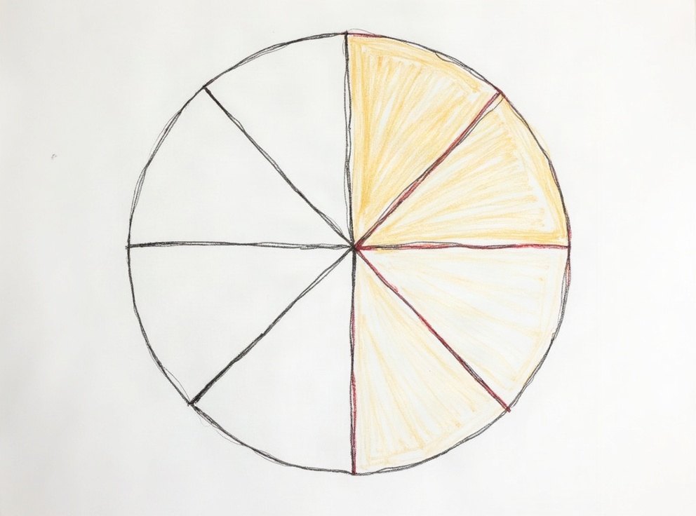 A child’s drawing of a circle divided into eight equal slices, most of them shaded.