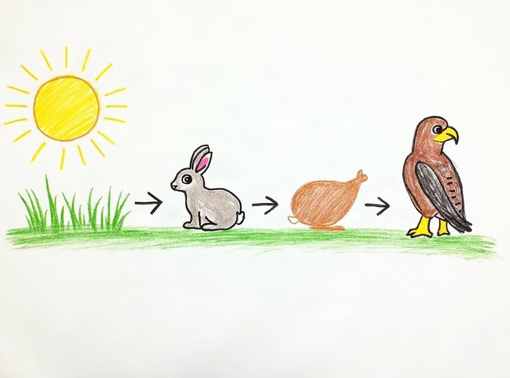 A child’s drawing of a food chain — sun, grass, rabbit, hawk — joined by arrows.