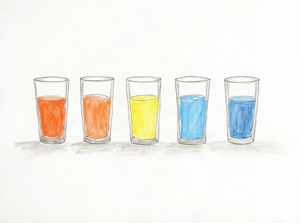 A child’s drawing of a row of glasses, some filled with juice and some with water.