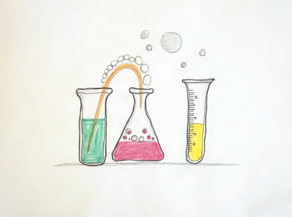 A child’s drawing of beakers being combined, one fizzing, with a thermometer beside it.