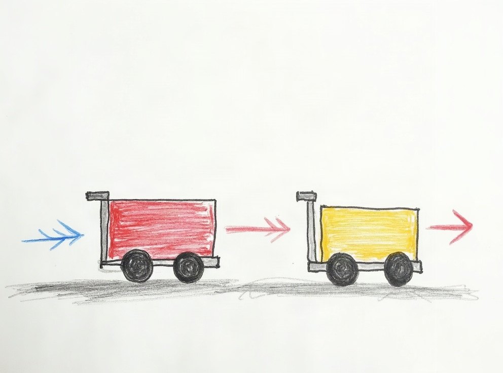 A child’s drawing of an empty trolley and a loaded trolley, each with a force arrow.
