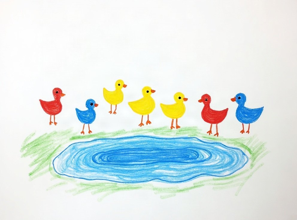 A child’s crayon drawing of seven ducks beside a blue pond.
