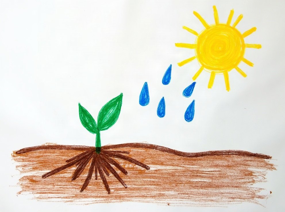 A child’s crayon drawing of a seed under the soil with a green shoot, raindrops and a sun.